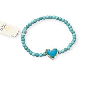 Beaded Ari Stretch Heart Love Bracelet Gold Tone Turquoise Aqua Blue Beads
